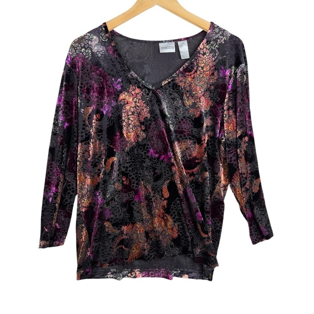 Chicos Velvet Burnout Floral Whimsigoth Long Sleeve Shirt size 3 (US XL) Black